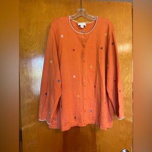 Orange long sleeved cardigan with multi-colored snowflakes by CJ Banks.size 3X